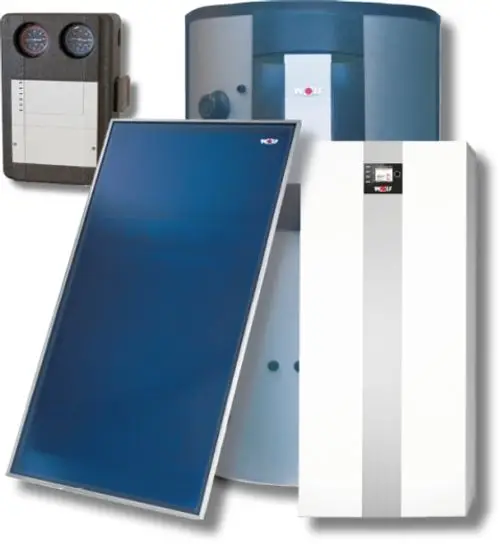Wolf Hybrid-System mit Solarkollektor, Wärmespeicher und Steuerungseinheit, geeignet für die Nutzung von Solarenergie zur Heizungsunterstützung und Warmwasserbereitung.